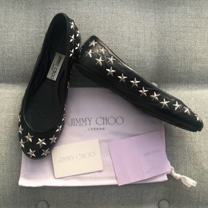 Jimmy Choo Ballet Flat SZ 37 7 6.5 BLK Leather Silver Star Studded Flats Shoes
